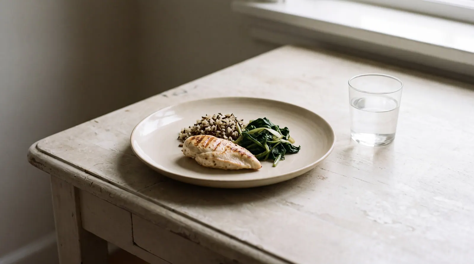 A single plate of grilled chicken, rice and greens with a glass of water on a plain pale table
