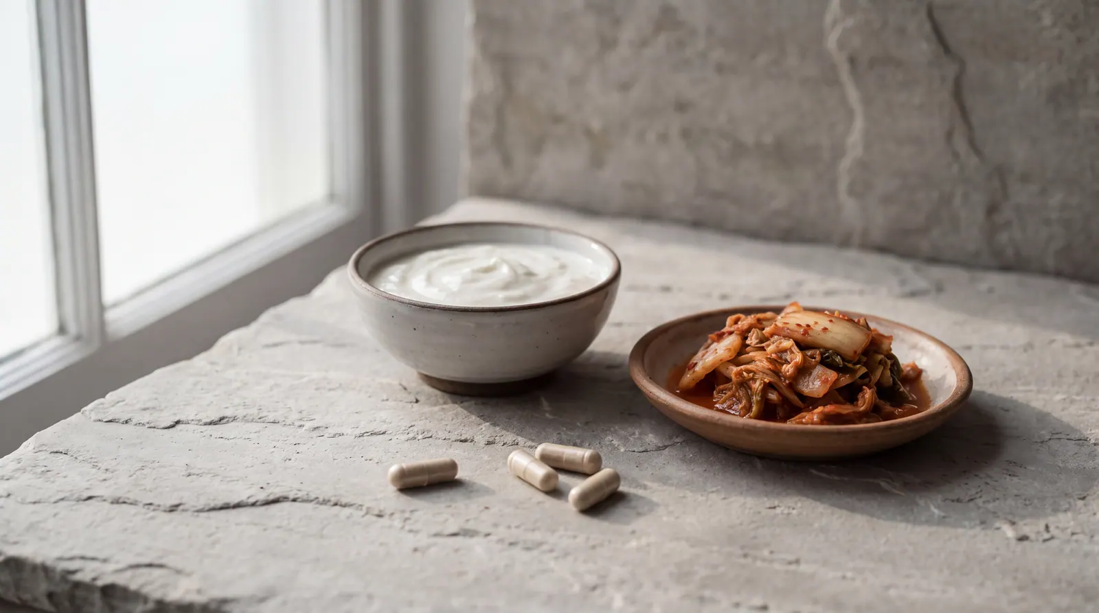 A ceramic bowl of thick natural yoghurt and a shallow wooden dish of kimchi on a pale grey stone sill, with three plain unlabelled capsules lying in front of them
