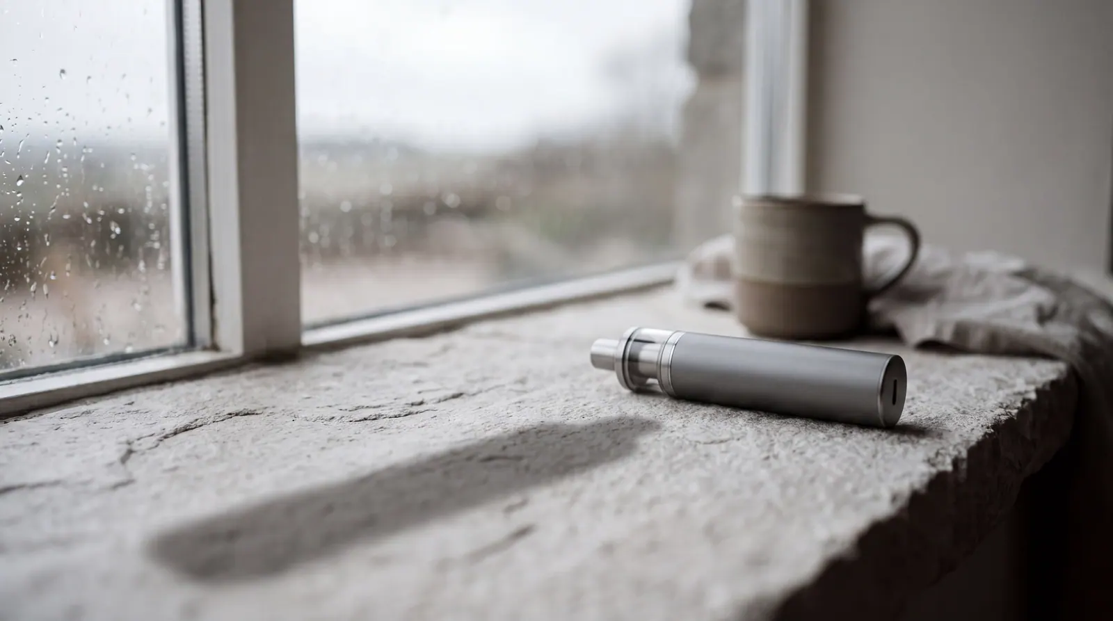 A plain unbranded vape device lying on a pale grey stone surface beside a closed window