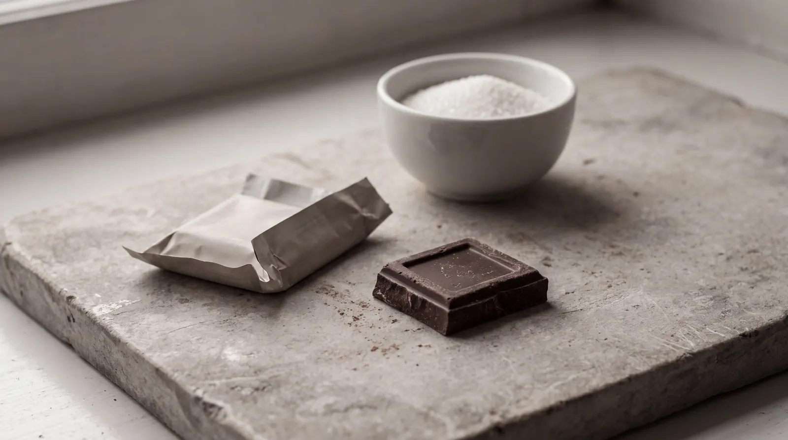 A single square of dark chocolate beside its opened foil wrapper on a pale stone slab, with a small white bowl of sugar out of focus behind it