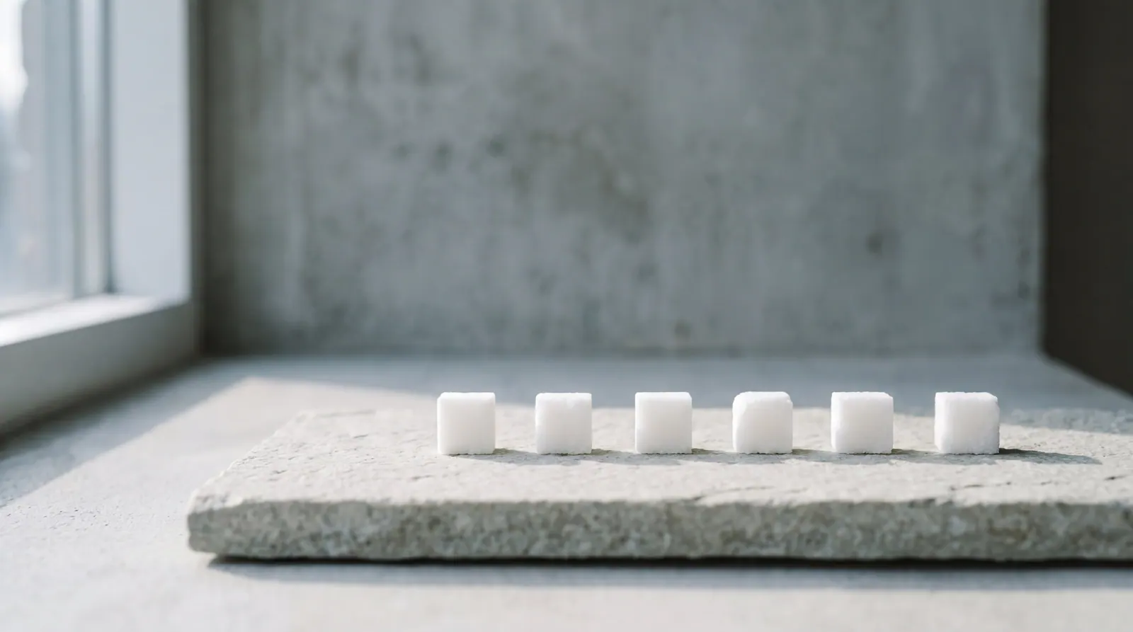Six white sugar cubes arranged in a row on a pale grey stone surface in soft directional light