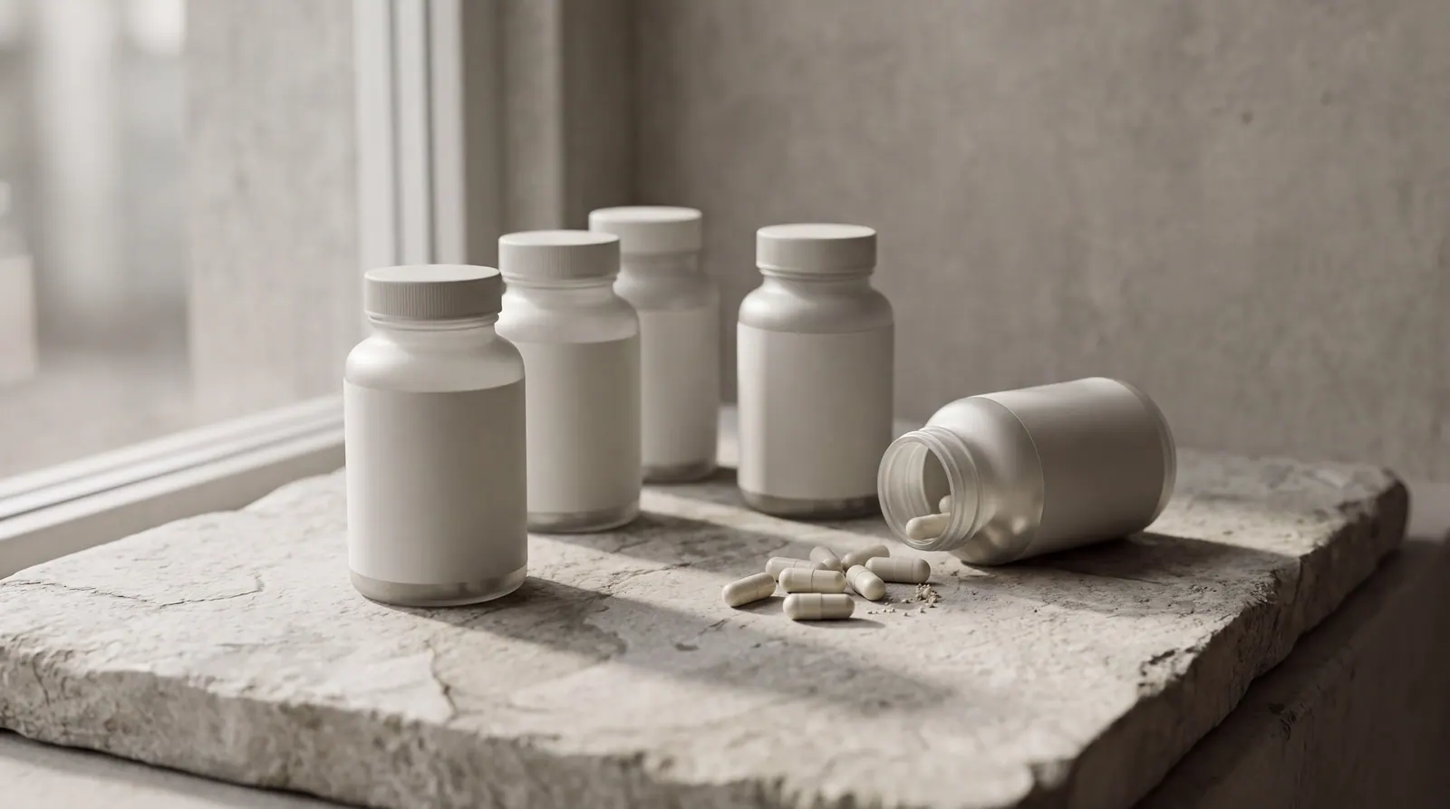 Four plain white unlabelled supplement bottles standing on a pale grey stone slab, with a fifth on its side and loose capsules spilled beside it
