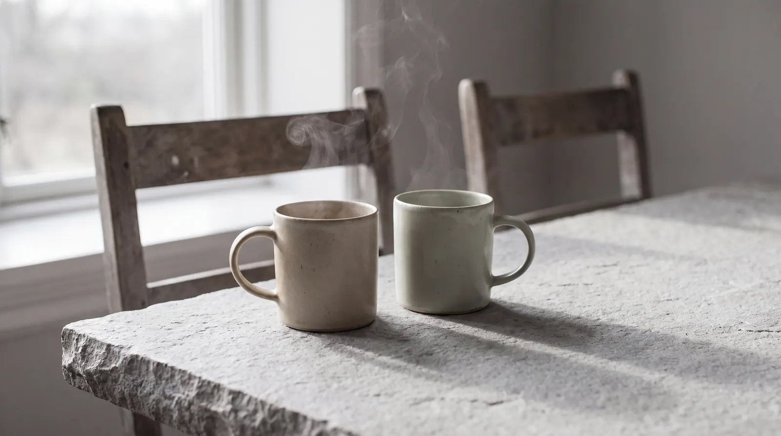 Two plain ceramic mugs of tea placed close together on a pale grey stone table, one faintly steaming, with two wooden chair backs out of focus behind