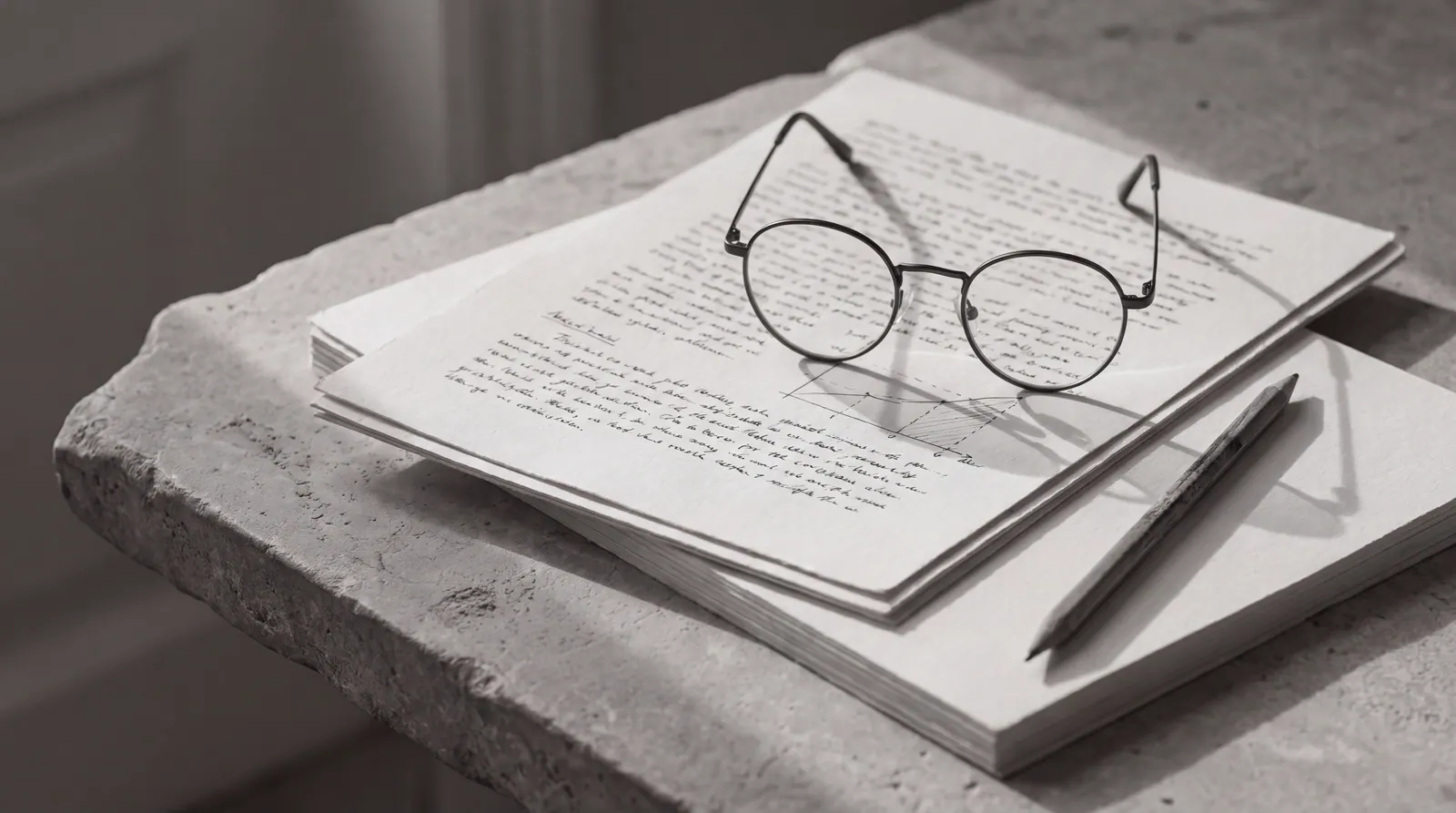 A stack of closely written research pages on a pale grey stone slab, with reading glasses resting on top and a pen alongside