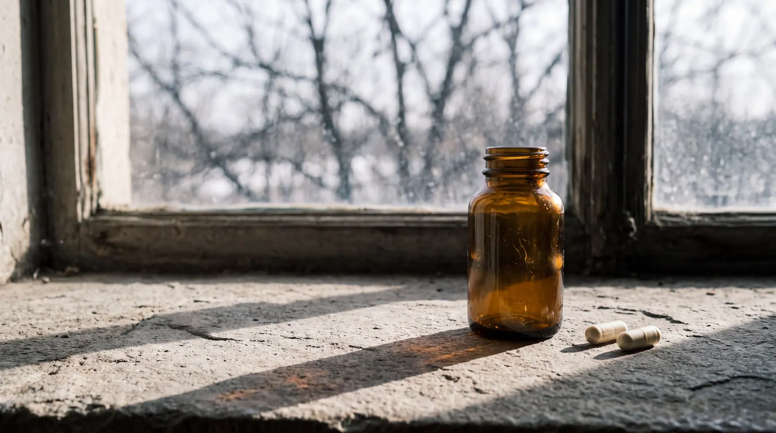 Low winter sunlight falling across a pale grey stone windowsill, casting a long shadow past a small amber glass bottle and two pale capsules