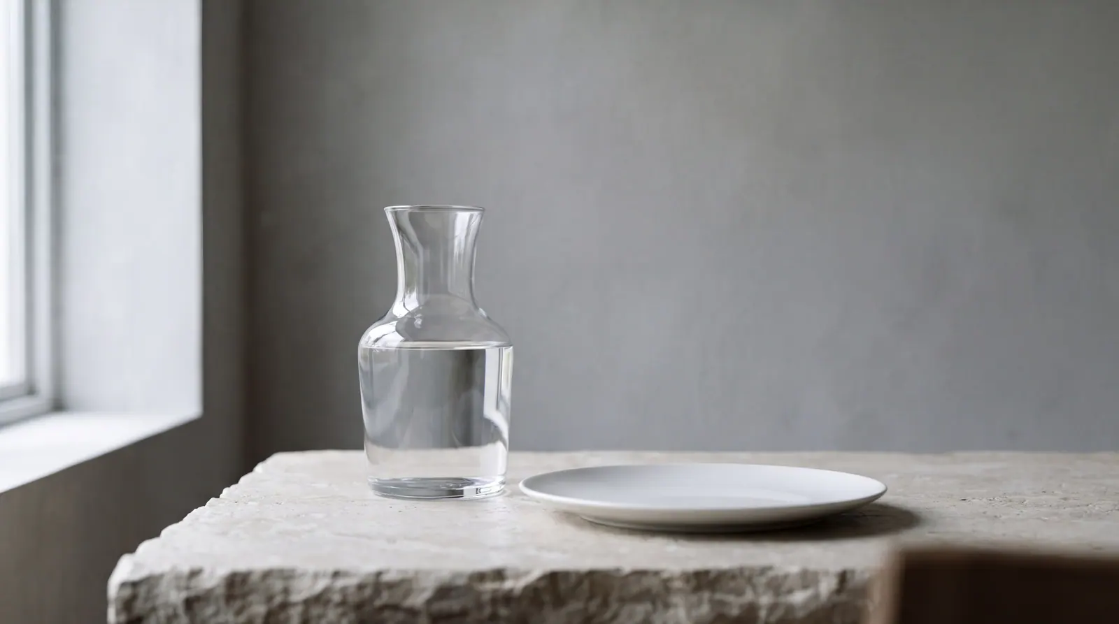 A single glass carafe of water and an empty white plate on a pale stone table in quiet morning light