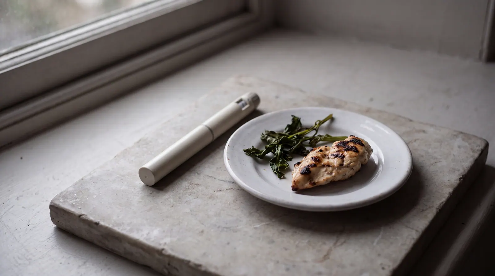 A plain unlabelled white injector pen lying on a pale grey stone slab beside a small white plate holding a modest portion of chicken and greens