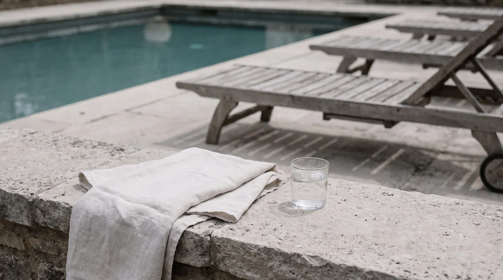 A pale linen towel folded over a stone ledge beside a plain glass of water, with a still pool and empty wooden sun loungers out of focus beyond