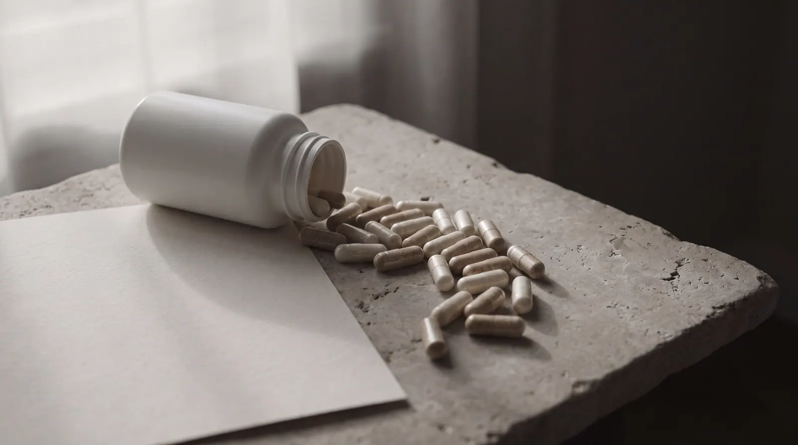 A plain white unlabelled supplement bottle tipped on its side on a pale grey stone slab with capsules spilling out in a loose arc, half the frame in deep shadow