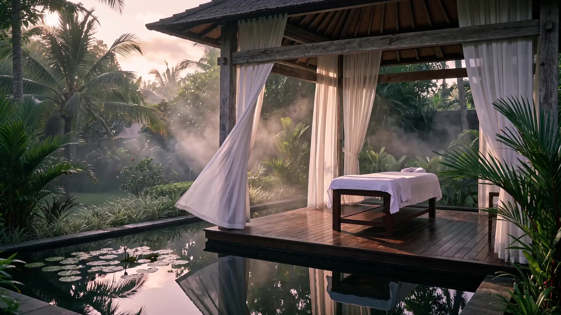 An open spa pavilion standing over still water at dusk, mist lifting and white curtains moving in the breeze