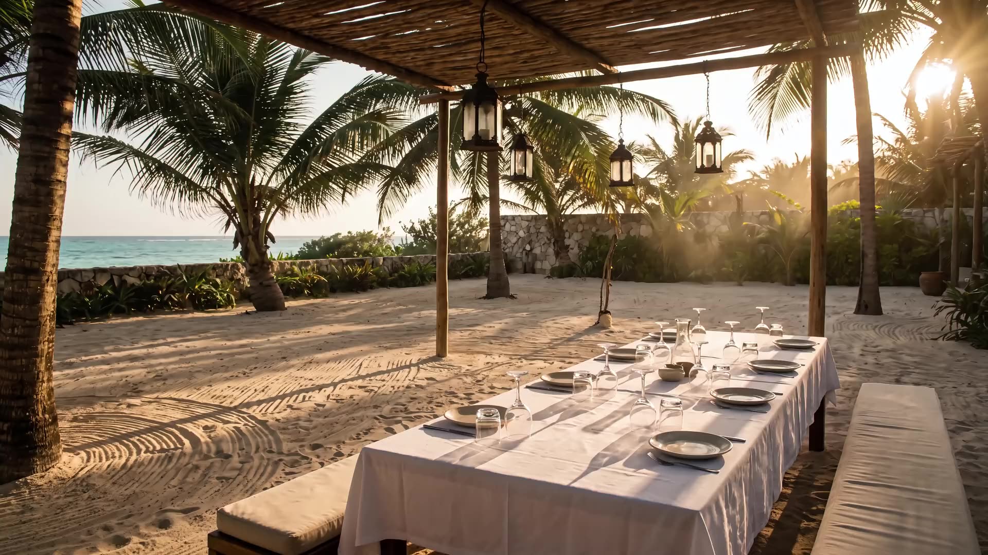 A long table laid for a meal under palms at sunset, the sea beyond, nobody yet seated