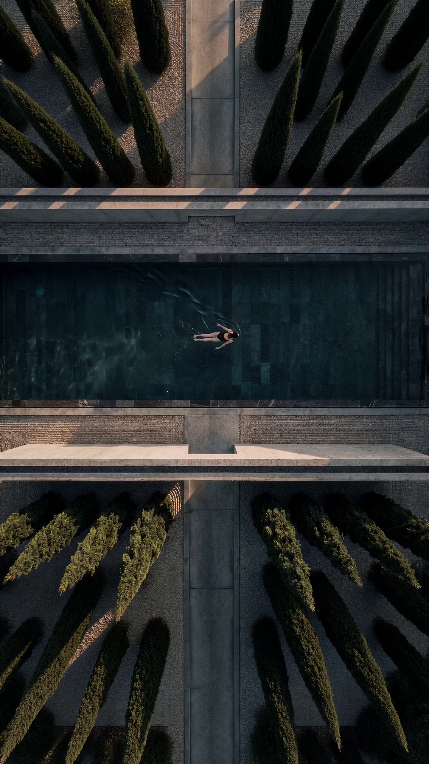 A long dark stone swimming pool seen from high overhead, a lone swimmer crossing it, cypress trees and raked gravel along both edges