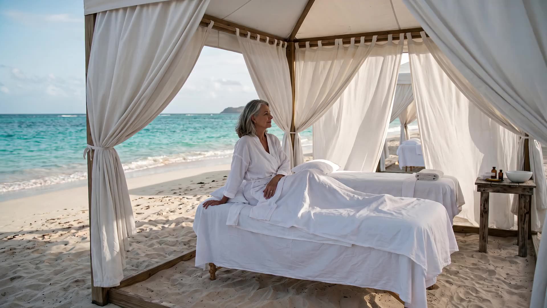A white curtained cabana on a bright beach, a woman in a robe seated on a treatment bed looking out over turquoise water
