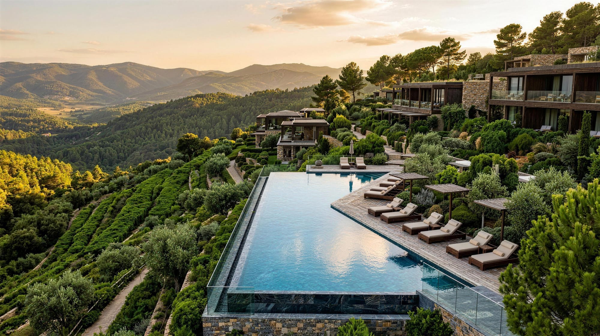 A hillside retreat above an infinity pool at dusk, olive terraces below