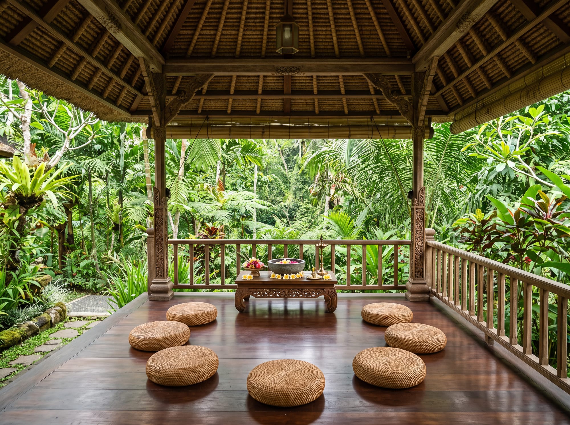 An open-sided pavilion set among jungle planting, low cushions around a table