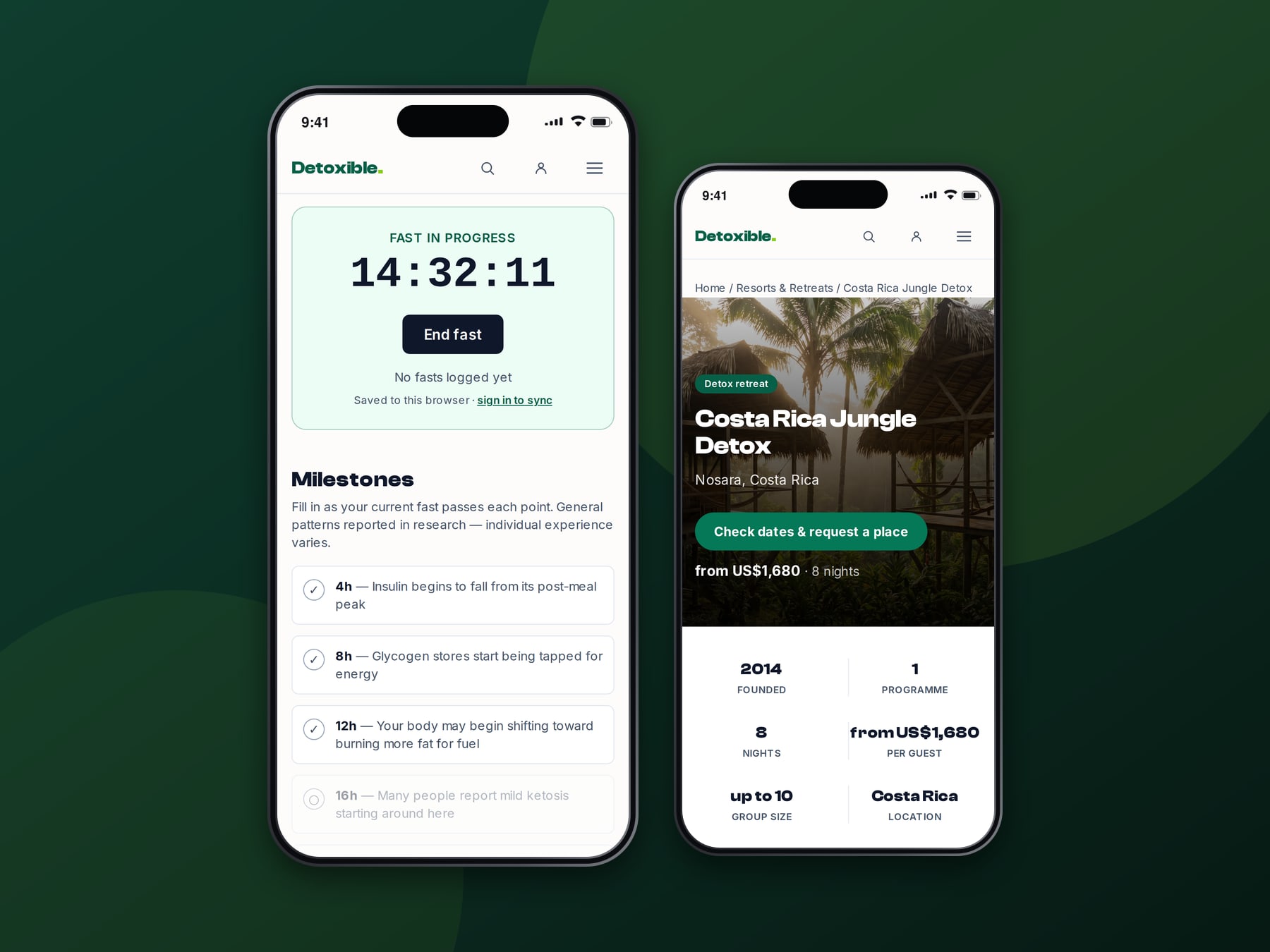 Two phones side by side. The first shows the Detoxible fasting timer running at 14 hours 32 minutes, with the 4, 8 and 12-hour milestones ticked and the 16-hour one still ahead. The second shows the Costa Rica Jungle Detox retreat page, from US$1,680 for 8 nights, with a button to check dates and request a place