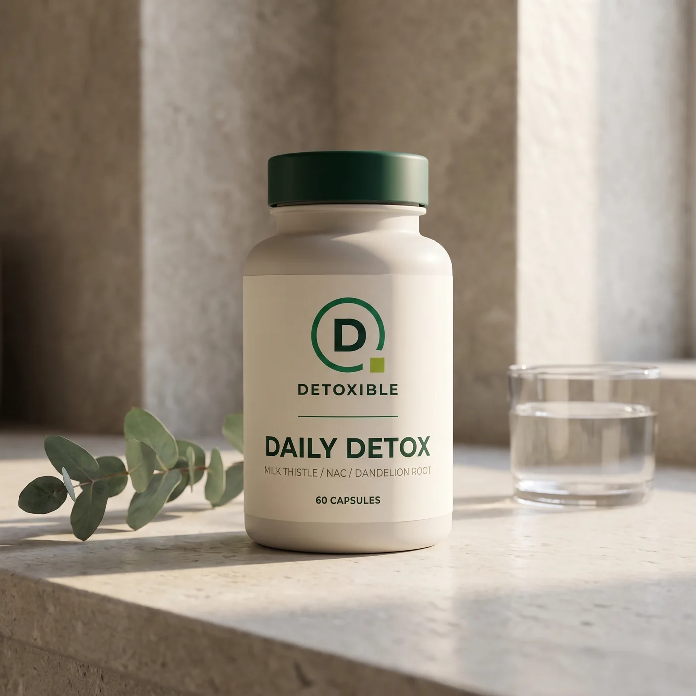 A Daily Detox bottle on a pale stone ledge in low sun, its Detoxible label reading milk thistle, NAC and dandelion root, with a sprig of eucalyptus and a glass of water beside it